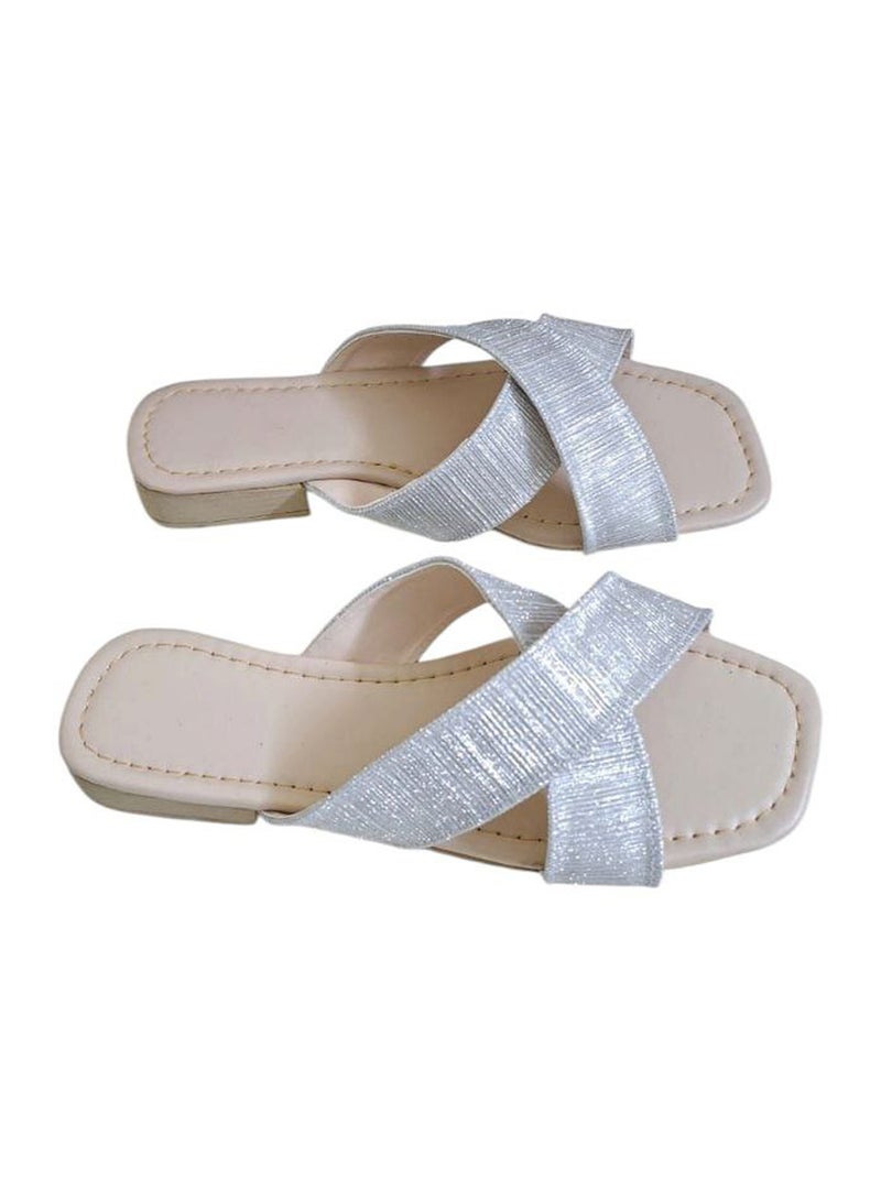 Karisma Simple Double Strap Flat Squared Toe Slippers With Glitter Print Material - Image 2