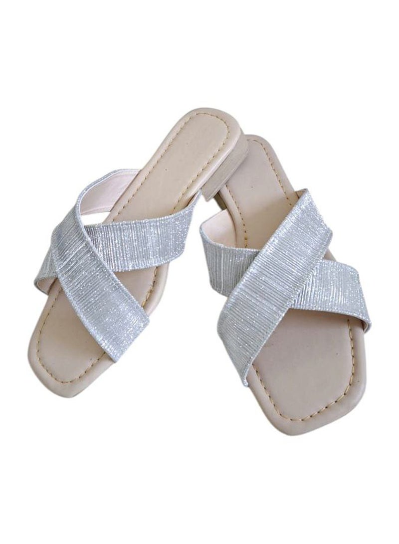 Karisma Simple Double Strap Flat Squared Toe Slippers With Glitter Print Material - Image 1