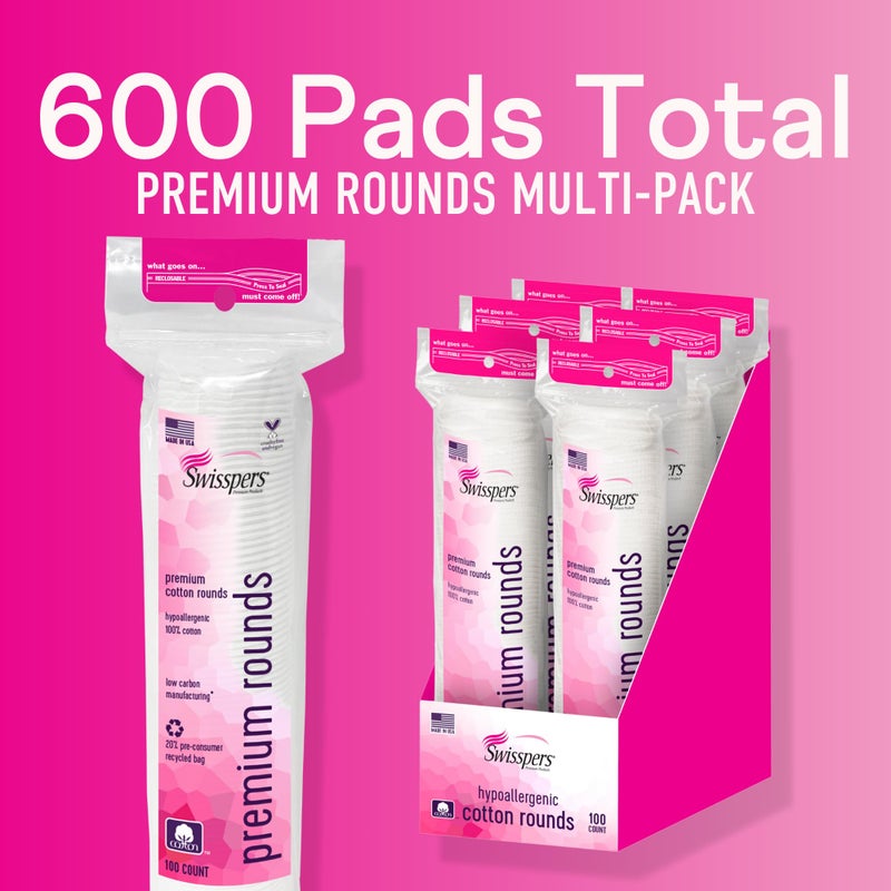 Swisspers Premium Cotton Rounds â€“ 100 Count (Pack of 6) - 100% Pure Cotton - Soft, Absorbent, Hypoallergenic Pads for Makeup Removal, Skincare, Baby Care and Facial Cleansing - Lint Free - Image 2