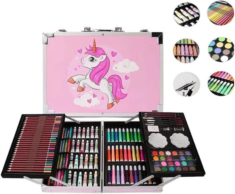SHUDAUSHI® Unicorn Art & Craft Painting Box, Big Coloring Suitcase Multiple 145 Color Kit, Professional Drawing Water Color Pencils, Oil Pastel, Sketches & Acrylic Paint Brush Birthday Gift for Girls