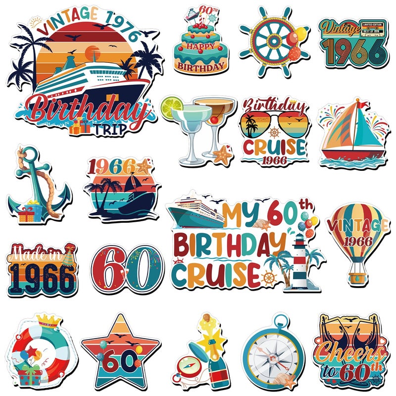 Wxiben 60th Birthday Cruise Door Magnets - Wxiben 18 Pcs Vintage 1966 Cruise Door Decorations Magnetic 60th Year Old Birthday Cruise Ship Door Decorations Magnets Sticker Decal for Carnival Cabin Party Decor - Image 1