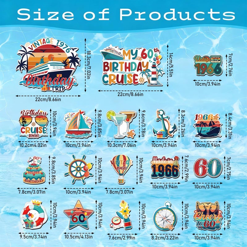Wxiben 60th Birthday Cruise Door Magnets - Wxiben 18 Pcs Vintage 1966 Cruise Door Decorations Magnetic 60th Year Old Birthday Cruise Ship Door Decorations Magnets Sticker Decal for Carnival Cabin Party Decor - Image 2