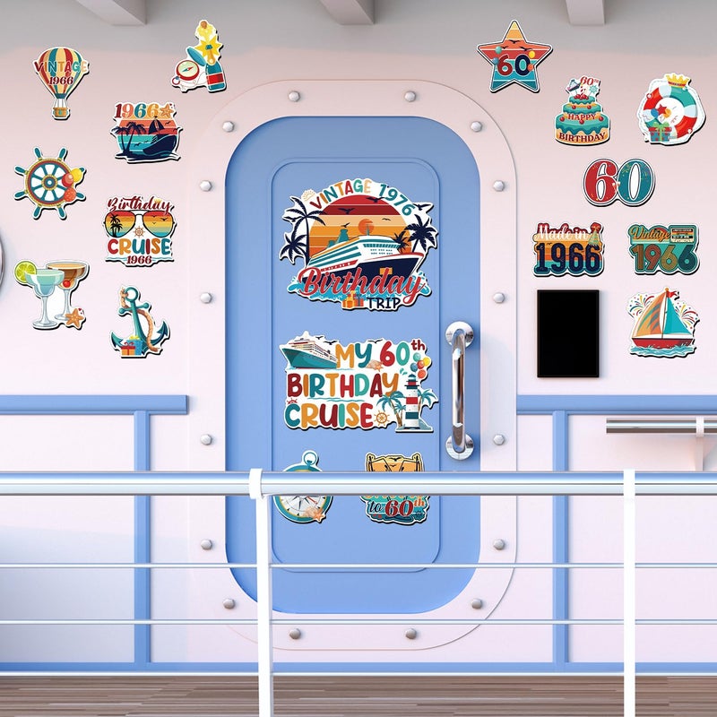 Wxiben 60th Birthday Cruise Door Magnets - Wxiben 18 Pcs Vintage 1966 Cruise Door Decorations Magnetic 60th Year Old Birthday Cruise Ship Door Decorations Magnets Sticker Decal for Carnival Cabin Party Decor - Image 5