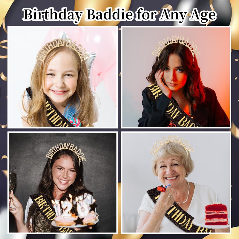 Canitor Birthday Baddie Sash Crown Set Birthday Gifts Party Favors Supplies Decorations & Accessories for Women Girl Adult Dress Outfits Rhinestone Tiara Headband Soft Satin Sash - Image 5