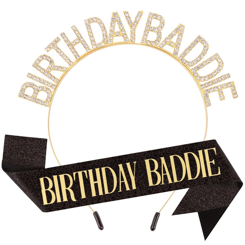 Canitor Birthday Baddie Sash Crown Set Birthday Gifts Party Favors Supplies Decorations & Accessories for Women Girl Adult Dress Outfits Rhinestone Tiara Headband Soft Satin Sash - Image 1