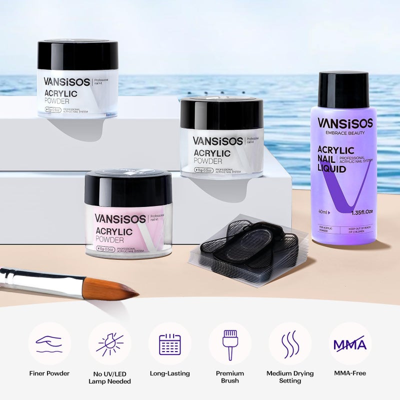 VANSISOS Acrylic Nail Kit for Beginners: Clear White Pink Powder and Liquid Set Professional Nails Kit Acrylic Set with Brushes for Home DIY - Image 4