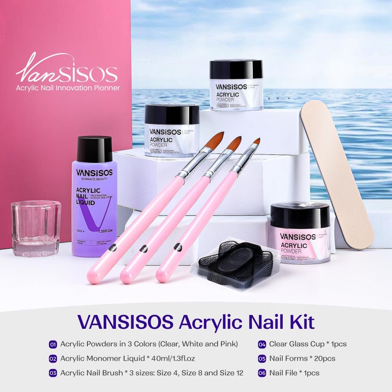VANSISOS Acrylic Nail Kit for Beginners: Clear White Pink Powder and Liquid Set Professional Nails Kit Acrylic Set with Brushes for Home DIY - Image 2