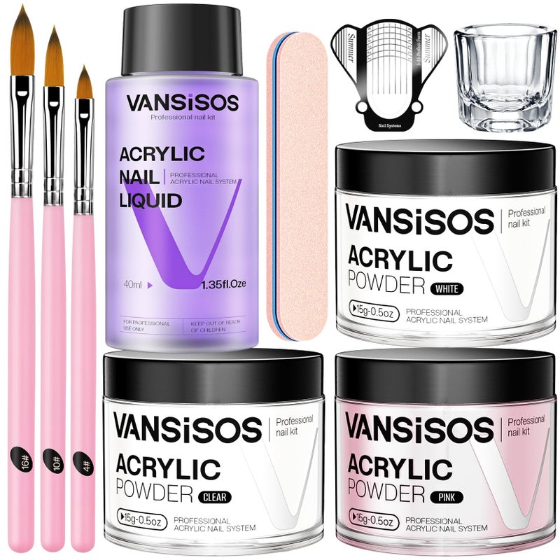 VANSISOS Acrylic Nail Kit for Beginners: Clear White Pink Powder and Liquid Set Professional Nails Kit Acrylic Set with Brushes for Home DIY - Image 1
