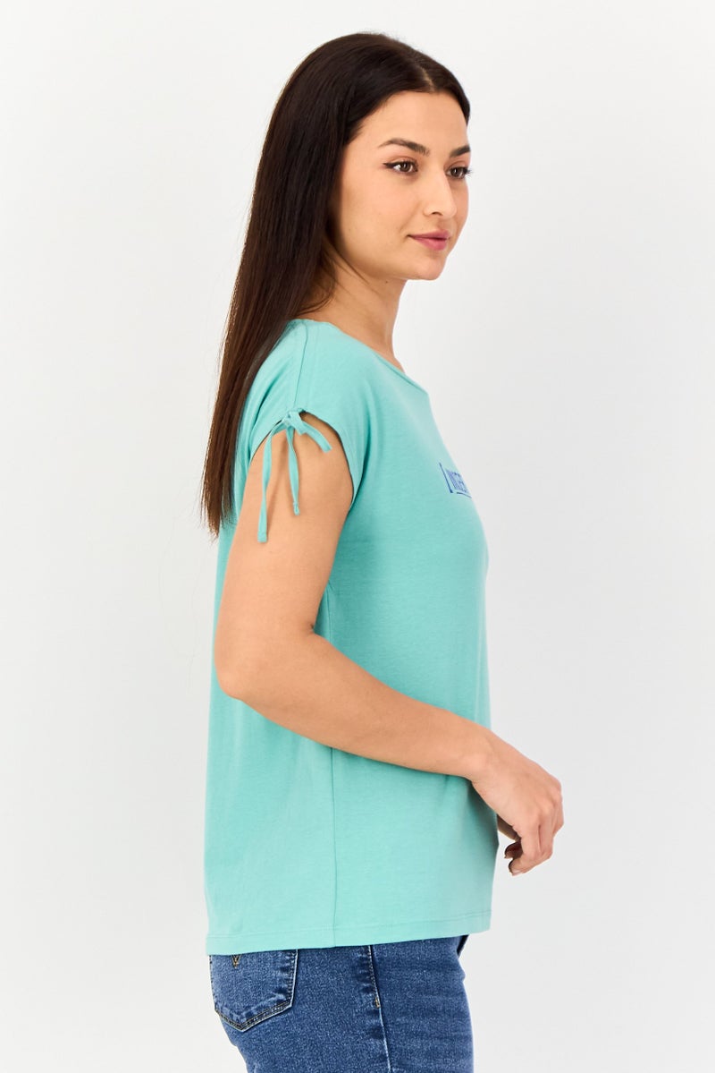 VERO MODA I Scenery by Vero Moda Women Crew Neck Cap Sleeve Graphic Print Top, Mint Green - Image 2