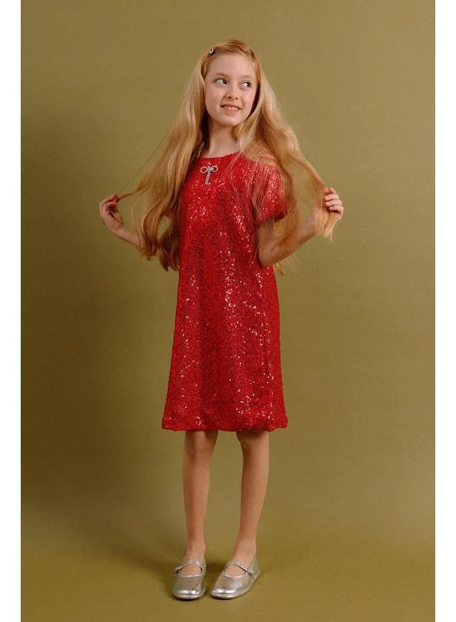 Perendi Girl's Sequin Dress – Special Occasion Holiday Dress with Gift Brooch.