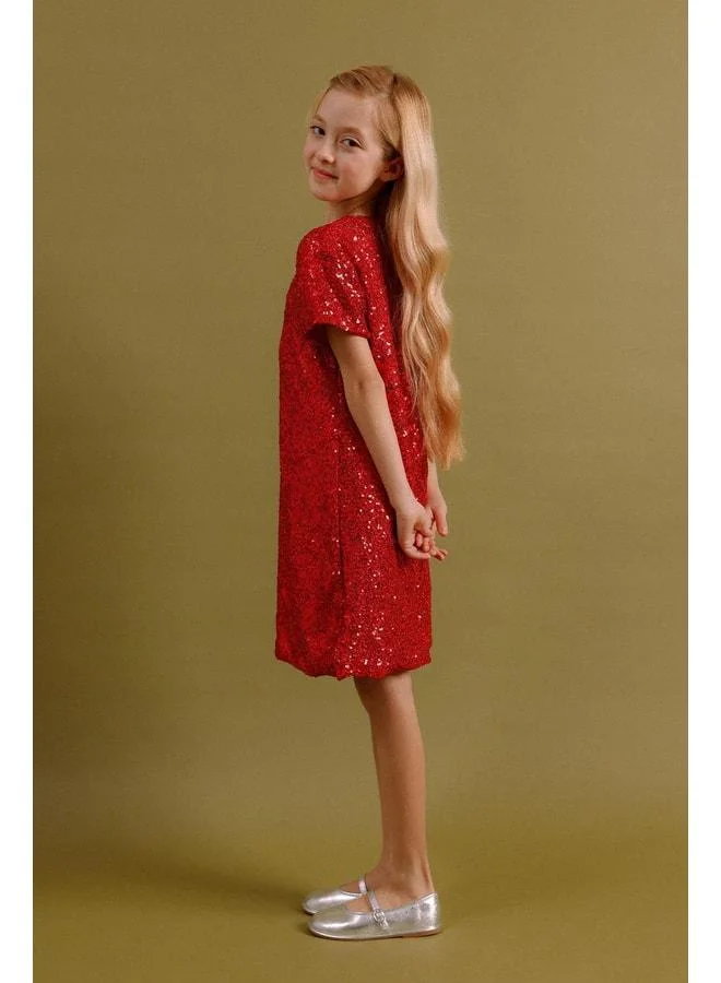 Perendi Girl's Sequin Dress – Special Occasion Holiday Dress with Gift Brooch.