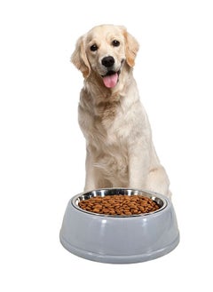 Dog Food & Water Feeder in Stainless Steel Bowl, Normal Size Bowl, Hard Plastic Casing or Bowls Holder, Simple Round Design Casing, Grey Color, Bowl Diameter 17 Cm