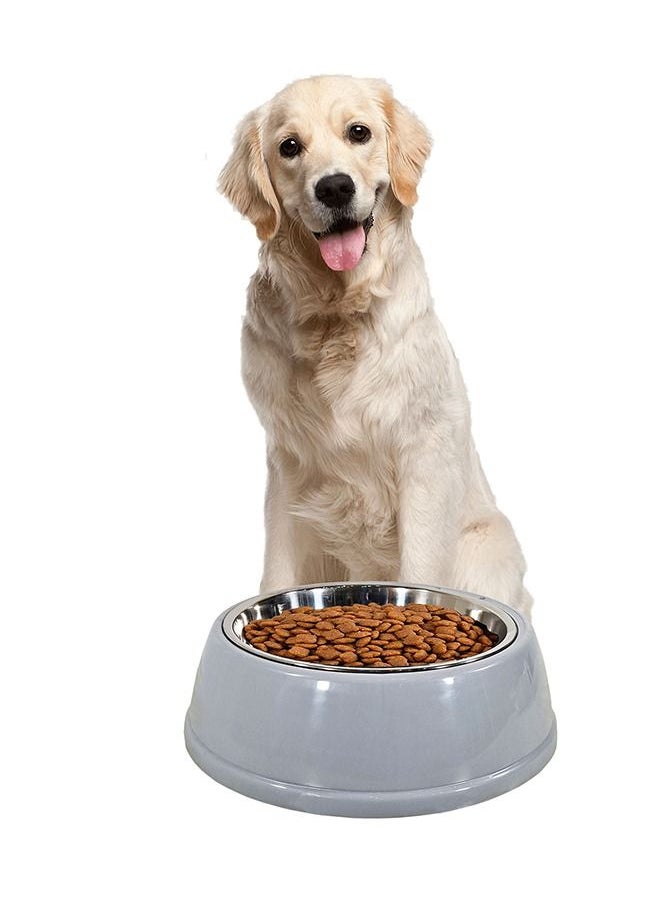 MAJIBAO - Dog Food & Water Feeder in Stainless Steel Bowl, Normal Size Bowl, Hard Plastic Casing or Bowls Holder, Simple Round Design Casing, Grey Color, Bowl Diameter 17 Cm - Image 1