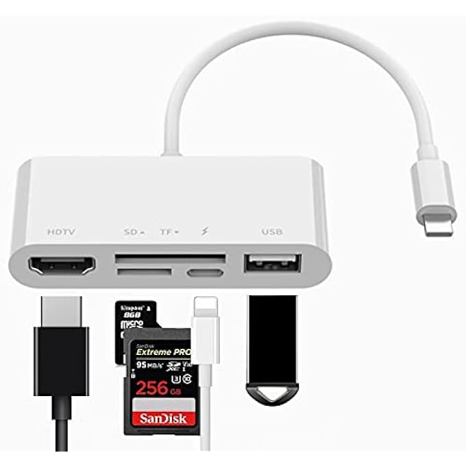 rayihni LIGHTNING TO HDMI ADAPTER FOR IPHONE/IPAD, LIGHTNING HUB 5 IN 1 USB CAMERA OTG ADAPTER 1080P DIGITAL AV SD TF CARD READER AND CHARGING PORT COMPATIBLE WITH PROJECTOR/MONITOR AND MORE USB DEVICE - Image 1