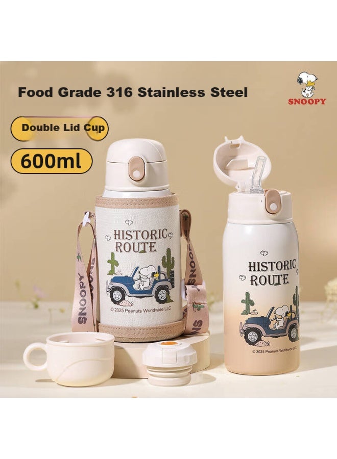 Snoopy Children'S Insulated Cup With Straw Large Capacity 316 Stainless Steel Double Lid Water Bottle For Boys And Girls Elementary School Students Drinking Cup Black - Image 1