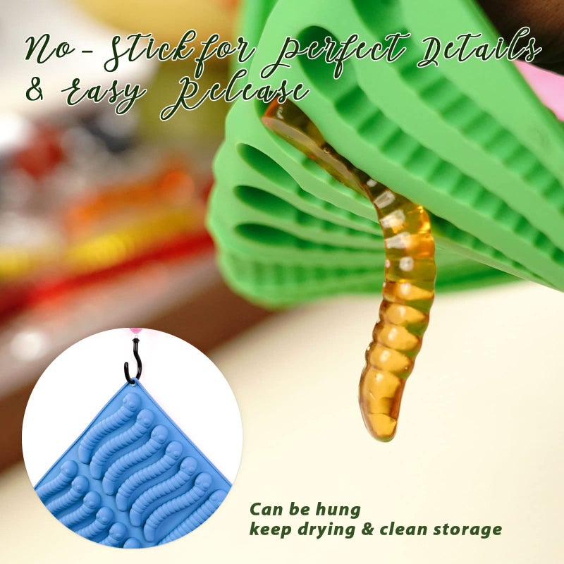 LUSHYUM Large Gummy Bear and Worm Mold Silicone, 4 PCS No Stick Chocolate Candy Gummy Molds for Edibles with 2 Droppers & Brush BPA-Free 100 Cavities, Ideal Gift for Kids Adult Halloween Party - Image 4