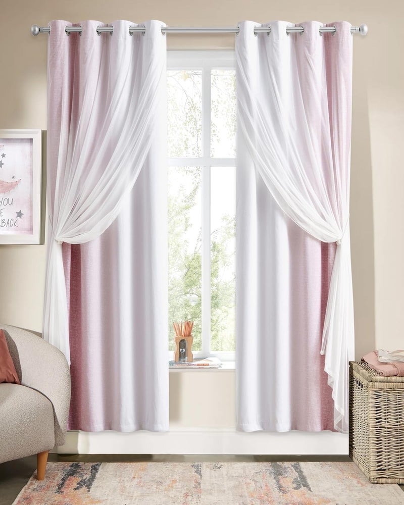 Geomoroccan 100% Blackout Curtains with Sheer Overlay Mix and Match Double Layer Drapes 72 Inch Length 2 Panels for Girls Bedroom Living Room Pink White Ombre Grommet Window Treatment with Tiebacks - Image 1