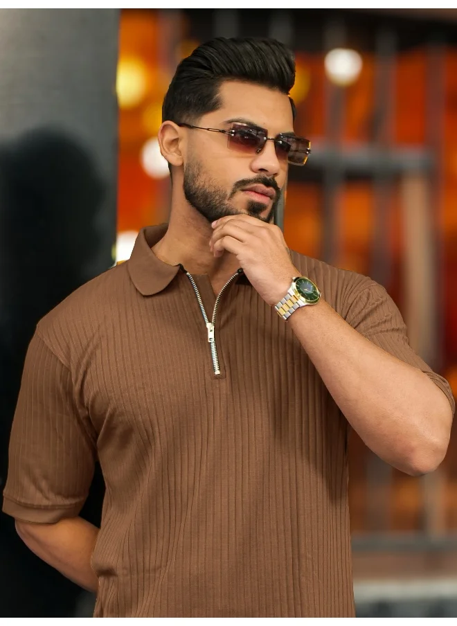 مانياك Maniac Men Textured Polo Neck Half Sleeve Half Zipper Light Grey Color Cotton T-Shirt