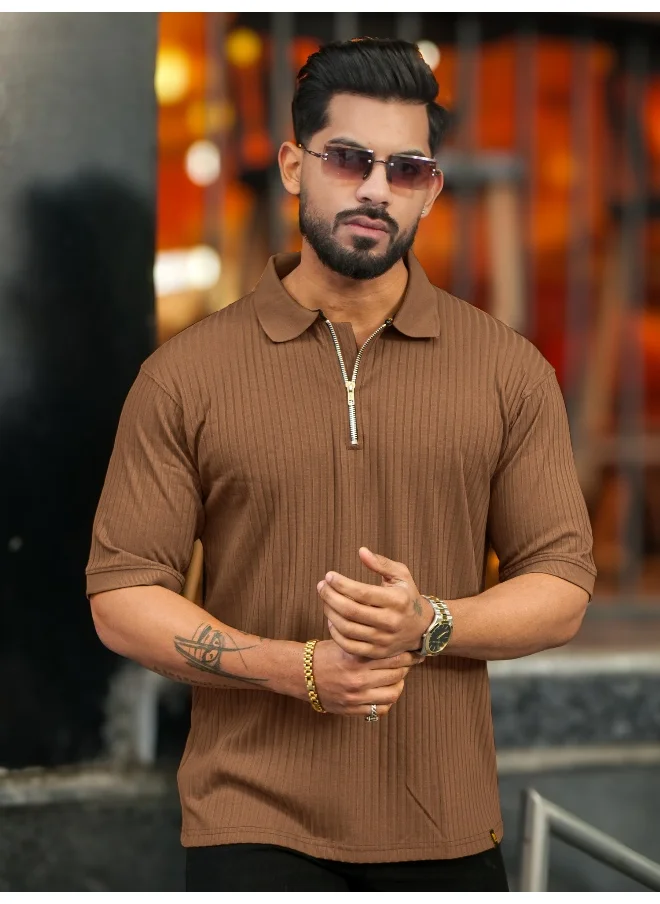 مانياك Maniac Men Textured Polo Neck Half Sleeve Half Zipper Light Grey Color Cotton T-Shirt