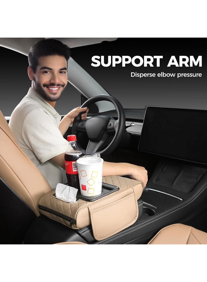 Car Armrest Cushion, Auto Center Console Cover with 2 Storage Bags Cup Holder, Tissue Box Slot, Phone Slot for Sedans, Car Accessories Interior Organizers Orange - Image 3