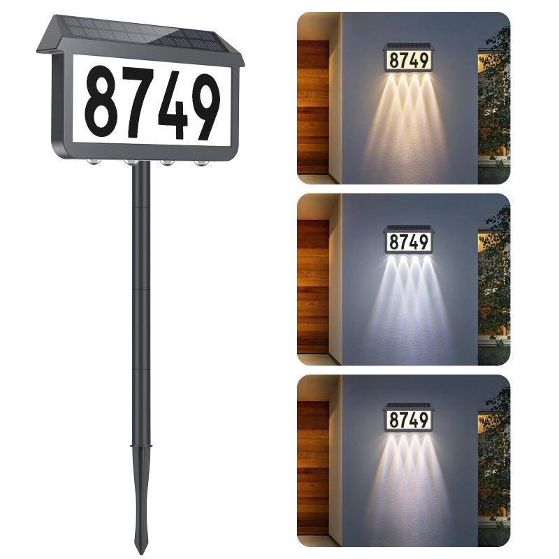 Brightever Solar Address Signs, House Number for Outside Waterproof, 3-Color LED Illuminated Address Plaques with Stake, Wall Mounted Solar Powered Light Up Address Numbers for Houses, 1-Pack, Grey - Image 1
