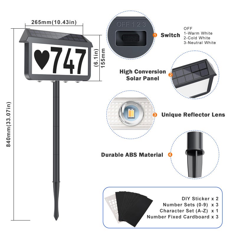 Brightever Solar Address Signs, House Number for Outside Waterproof, 3-Color LED Illuminated Address Plaques with Stake, Wall Mounted Solar Powered Light Up Address Numbers for Houses, 1-Pack, Grey - Image 2
