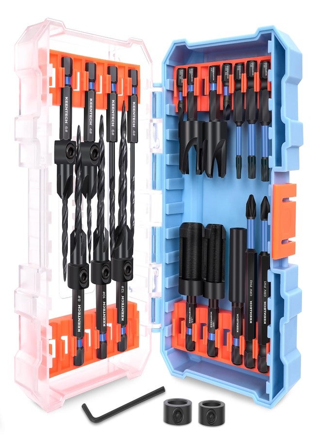 KEENTECH 22-piece Countersink Drill Bit Set, 1/4" Hex Shank Tapered Countersink Drill Bits with 4PCS Wood Plug Cutter, Adjustable Depth Counter Sink Drill Bit for Woodworking with A Sturdy Storage Box - Image 1