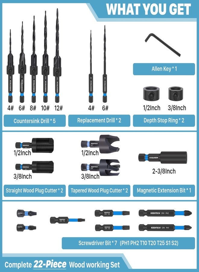 KEENTECH 22-piece Countersink Drill Bit Set, 1/4" Hex Shank Tapered Countersink Drill Bits with 4PCS Wood Plug Cutter, Adjustable Depth Counter Sink Drill Bit for Woodworking with A Sturdy Storage Box - Image 2
