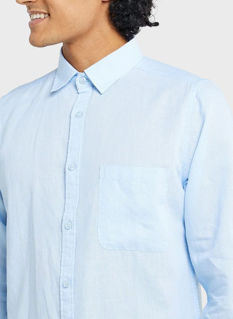 Seventy Five Men Blue Slim Fit Casual Linen Cotton Sustainable Shirt