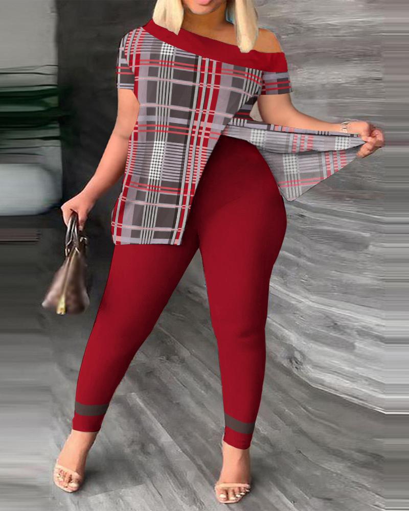 2026 Autumn European and American Women's Fashion Two-Piece Set with Slanted Neckline and Printed Pants