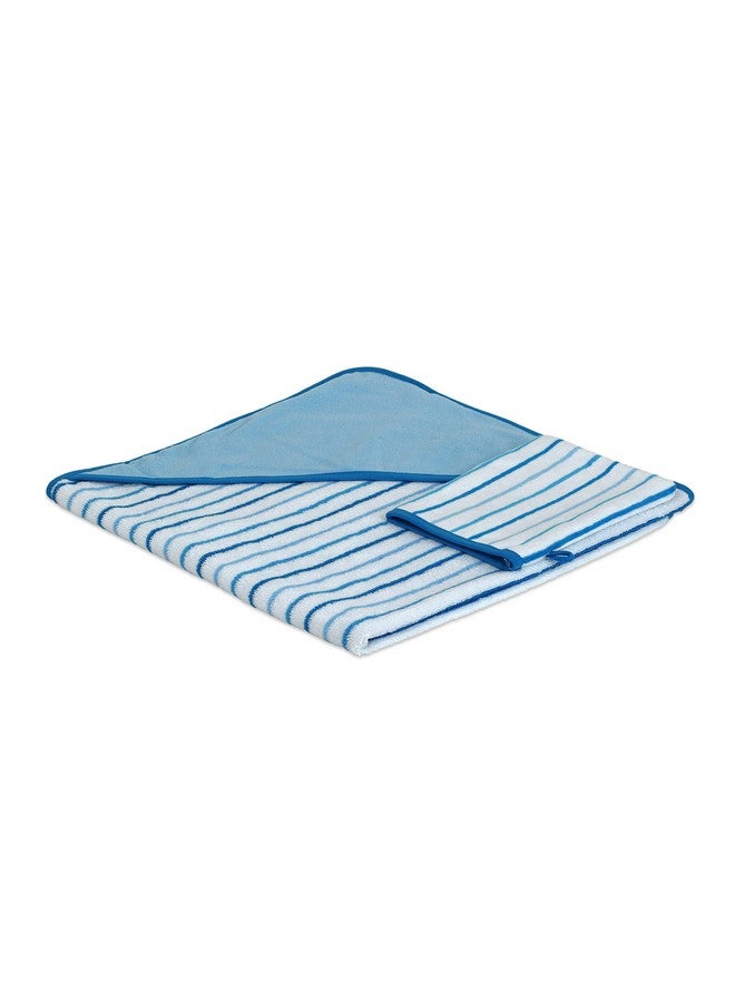 Turkish Cotton Hooded Terry Velour Baby Bath Towel And Glove Set Blue Striped