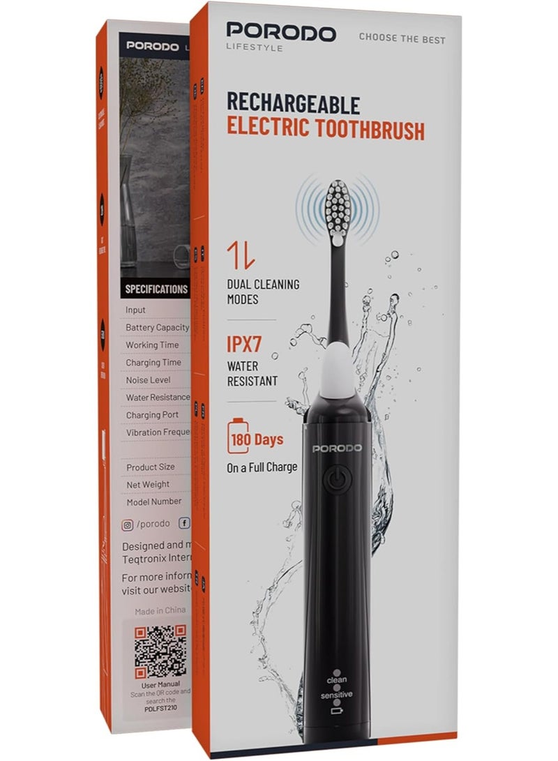 بورودو فرشاة أسنان كهربائية قابلة لإعادة الشحن من بورودو مع وعاء معجون أسنان، وضعان للتنظيف، بطارية 250 مللي أمبير، منفذ شحن USB-C، 8000 حركة/دقيقة، مدة تشغيل تصل إلى 180 يومًا، مقاومة للماء بمعيار IPX7، شحن سريع، تشغيل صامت - أسود - Image 5