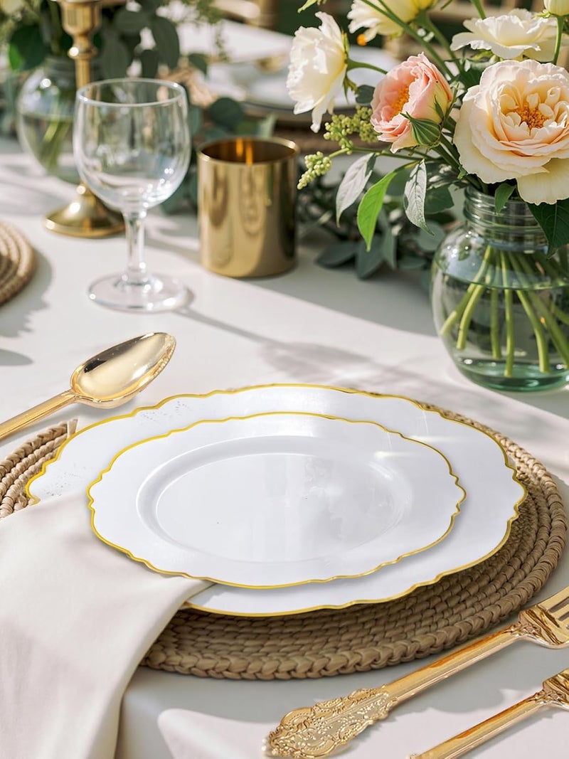 WDF 100pcs Gold Plastic Plates - High-end Baroque Design - Heavy Duty White &Gold Wedding Plates Set Ideal for Wedding Baby Shower Spring Birthday - Image 3