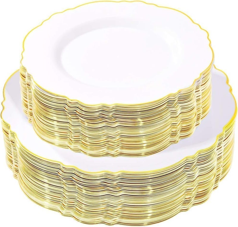 WDF 100pcs Gold Plastic Plates - High-end Baroque Design - Heavy Duty White &Gold Wedding Plates Set Ideal for Wedding Baby Shower Spring Birthday - Image 1