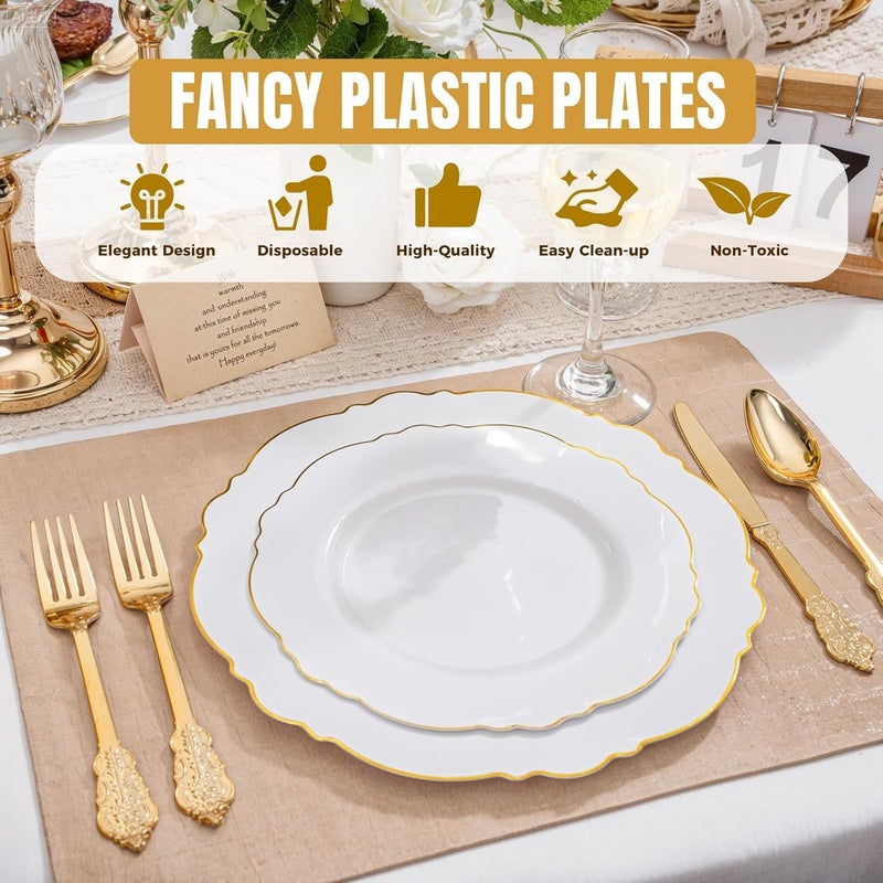 WDF 100pcs Gold Plastic Plates - High-end Baroque Design - Heavy Duty White &Gold Wedding Plates Set Ideal for Wedding Baby Shower Spring Birthday - Image 2