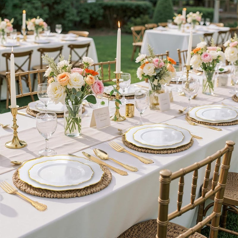 WDF 100pcs Gold Plastic Plates - High-end Baroque Design - Heavy Duty White &Gold Wedding Plates Set Ideal for Wedding Baby Shower Spring Birthday - Image 4