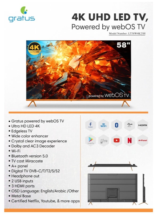 gratus 58-Inch 4K UHD Edgeless Smart LED TV – WebOS with ThinQ AI, Dolby Audio, Quad-Core Processor, Voice Control, Dual HDMI/USB, Frameless Design – Model LT58W4K23H  - Image 3