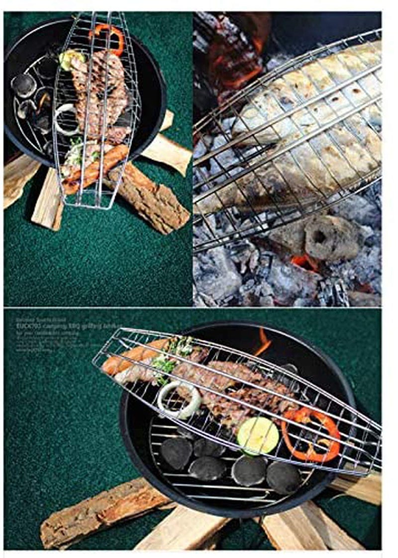 AMULAKH Barbecue Meshes Camping Grill Rack BBQ Clip Folder Grill Single Meat Fish Vegetable BBQ Tool Wooden Handle Hinged BasketL6858W1651H3 Cm Silver - Image 3