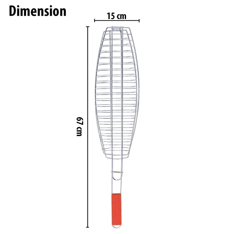 AMULAKH Barbecue Meshes Camping Grill Rack BBQ Clip Folder Grill Single Meat Fish Vegetable BBQ Tool Wooden Handle Hinged BasketL6858W1651H3 Cm Silver - Image 2