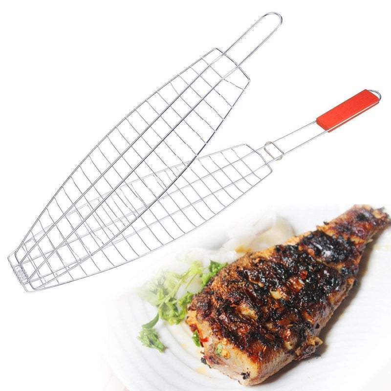 AMULAKH Barbecue Meshes Camping Grill Rack BBQ Clip Folder Grill Single Meat Fish Vegetable BBQ Tool Wooden Handle Hinged BasketL6858W1651H3 Cm Silver - Image 1
