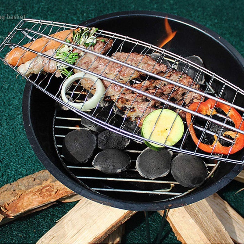 AMULAKH Barbecue Meshes Camping Grill Rack BBQ Clip Folder Grill Single Meat Fish Vegetable BBQ Tool Wooden Handle Hinged BasketL6858W1651H3 Cm Silver - Image 5