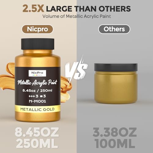 Nicpro طلاء أكريليك معدني ذهبي من نيكبرو، 8.45 أونصة/250 مل طلاء ورق الذهب الكبير، غير سام، غير متلاشي، طلاءات حرفية للمعادن، الخشب، الطين، القماش، القماش، الأثاث، الحرف اليدوية، مستلزمات الفن - Image 3
