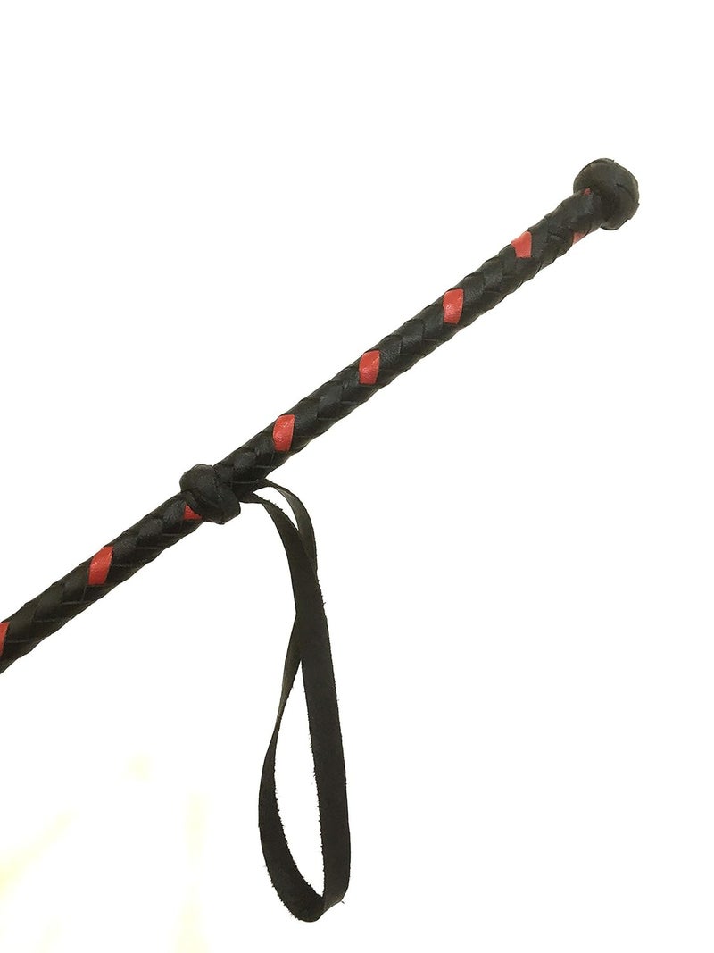 PETS TRIANGLE 42" Real Leather Braided Stick Horse Whip (Unbreakable Stick) Black & Red - Image 3