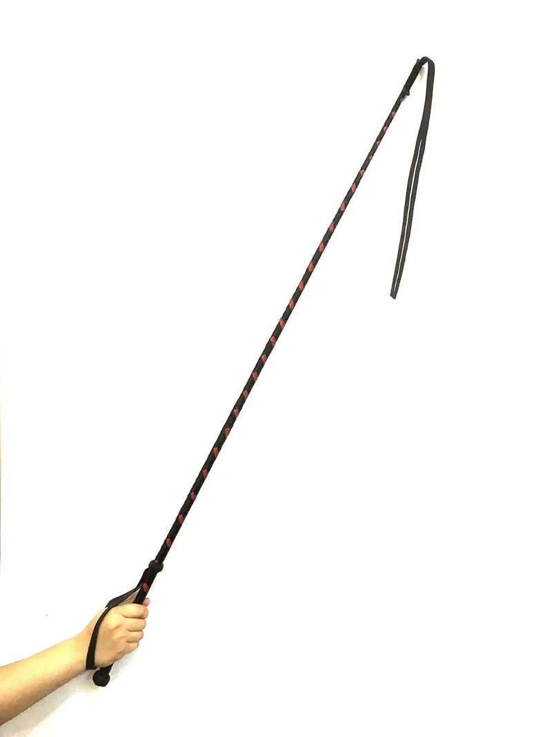 PETS TRIANGLE 42" Real Leather Braided Stick Horse Whip (Unbreakable Stick) Black & Red - Image 1