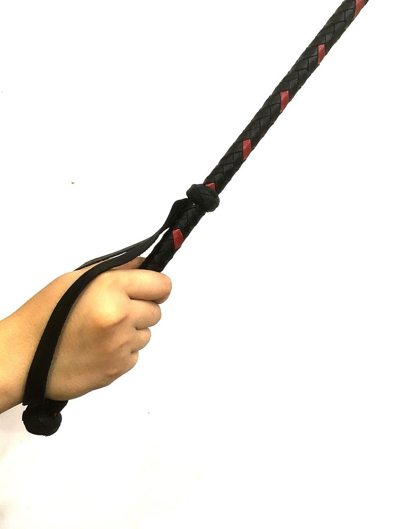 PETS TRIANGLE 42" Real Leather Braided Stick Horse Whip (Unbreakable Stick) Black & Red - Image 2