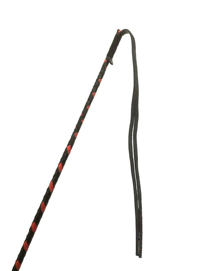 PETS TRIANGLE 42" Real Leather Braided Stick Horse Whip (Unbreakable Stick) Black & Red - Image 4