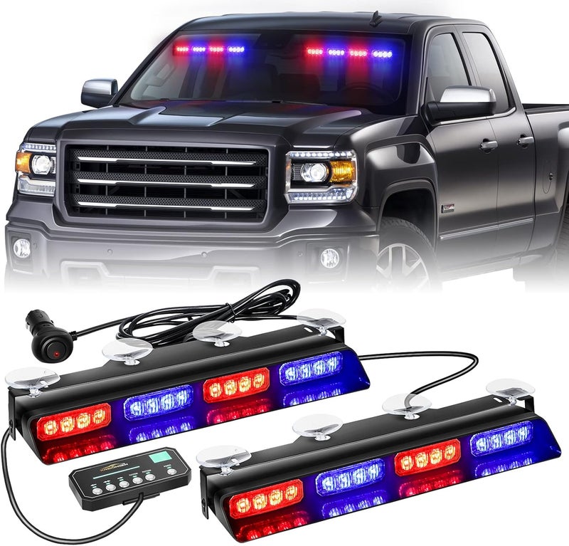XRIDONSEN Emergency Dash Strobe Lights Safety Flashing Warning Hazard Caution Interior Front/Rear Windshield Deck Split Light Bar w/Suction Cups for Vehicles Trucks (2x14 inch, Red Blue) - Image 1