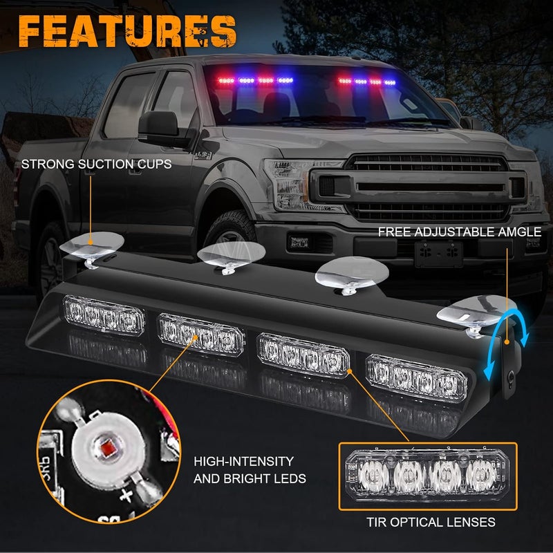 XRIDONSEN Emergency Dash Strobe Lights Safety Flashing Warning Hazard Caution Interior Front/Rear Windshield Deck Split Light Bar w/Suction Cups for Vehicles Trucks (2x14 inch, Red Blue) - Image 3