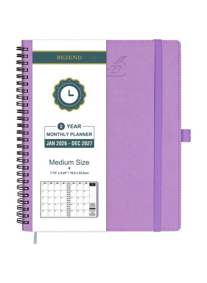 BEZEND Monthly Planner 2026-2027, 2 Year Calendar Book with Notes, 7" x 9" Medium Size, Runs Jan 2026 to Dec 2027, 120 GSM Paper, Storage Pockets, Spiral PU Leather Softcover - Lavender - Image 1