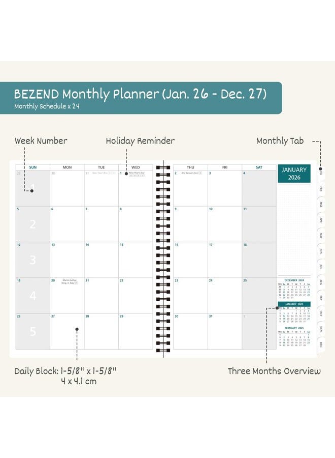 BEZEND Monthly Planner 2026-2027, 2 Year Calendar Book with Notes, 7" x 9" Medium Size, Runs Jan 2026 to Dec 2027, 120 GSM Paper, Storage Pockets, Spiral PU Leather Softcover - Lavender - Image 3